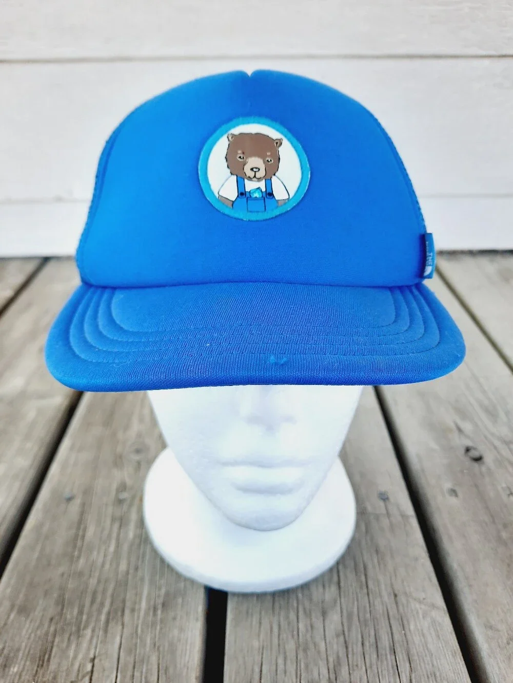 The North Face Blue Bear Patch Mesh Back Adjustable Trucker Hat Infant Size